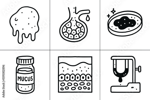 hand drawn cute doodle style isolated mucus mucus gland model mucus viscosity meter mucus fluorescent stain mucus sample vial mucus membrane chart mucus rheology sensor