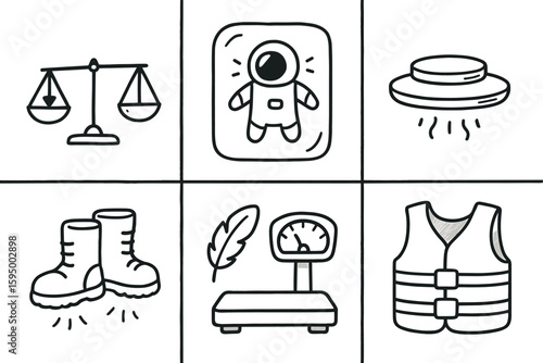 hand drawn cute doodle style isolated ness balance beam zero gravity chamber levitation platform anti gravity boots feather scale buoyancy vest