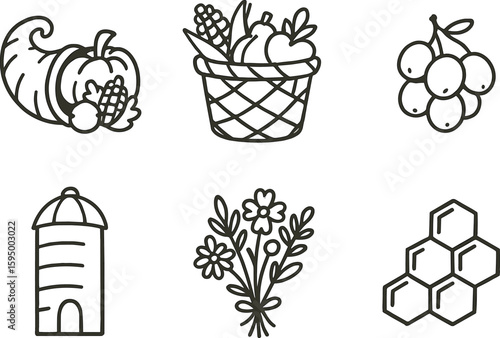 hand drawn cute doodle style isolated abundance cornucopia horn abundance harvest basket abundance fruit cluster abundance grain silo abundance floral bouquet abundance honeycomb cluster