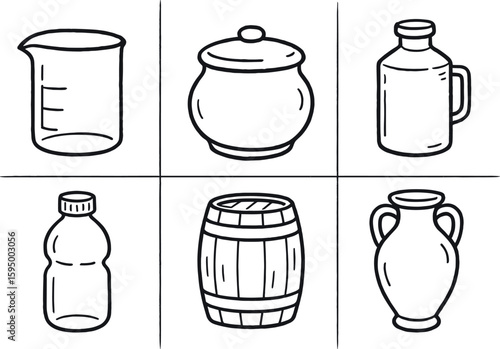 hand drawn cute doodle style isolated vessel glass beaker vessel ceramic pot vessel metal canister vessel plastic flask vessel wooden barrel vessel clay amphora