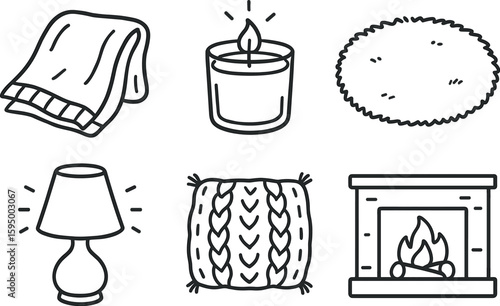 hand drawn cute doodle style isolated coziness throw blanket coziness candle glow coziness plush rug coziness ambient lamp coziness knitted cushion coziness fireplace mantel