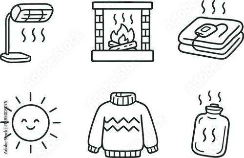 hand drawn cute doodle style isolated warmth heat lamp warmth fireplace ember warmth thermal blanket warmth sun beam warmth cozy sweater warmth hot water bottle