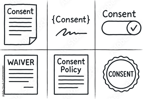 hand drawn cute doodle style isolated consent form document consent signature consent checkbox toggle consent waiver clause consent policy page consent agreement seal