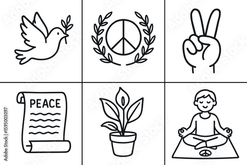 hand drawn cute doodle style isolated peace dove symbol peace olive branch wreath peace sign gesture peace treaty scroll peace lily plant peace meditation mat