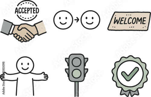 hand drawn cute doodle style isolated acceptance handshake stamp acceptance nod sequence acceptance welcome mat acceptance open arms acceptance green acceptance checkmark badge