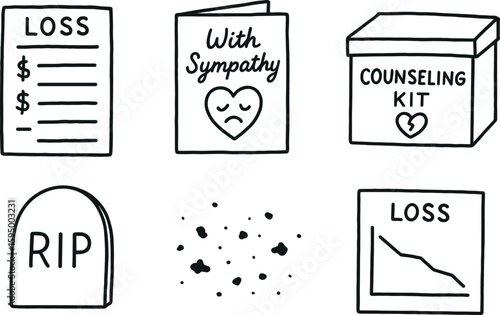 hand drawn cute doodle style isolated loss ledger entry loss bereavement card loss grief counseling kit loss memorial plaque loss residue trace loss statistics chart