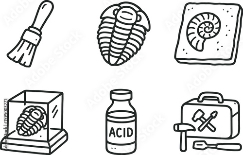 hand drawn cute doodle style isolated fossil excavation brush fossil trilobite specimen fossil imprint slab fossil display case fossil dating acid vial fossil preparation kit