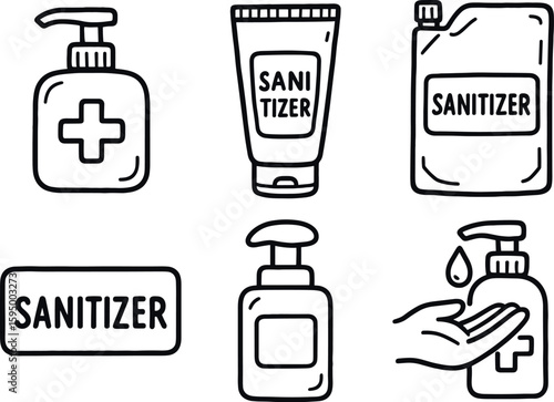 hand drawn cute doodle style isolated sanitizer pump dispenser sanitizer alcohol gel sanitizer refill pouch sanitizer bottle label sanitizer foam nozzle sanitizer hand rub