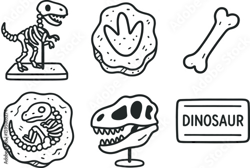hand drawn cute doodle style isolated dinosaur skeleton mount dinosaur footprint mold dinosaur bone fragment dinosaur fossil cast dinosaur skull replica dinosaur exhibit label