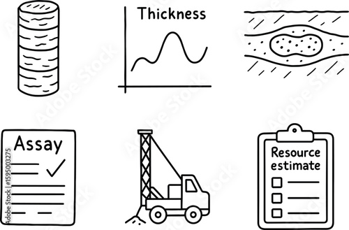 hand drawn cute doodle style isolated deposit core sample deposit thickness chart deposit ore body model deposit geochemical assay deposit exploration drill rig deposit resource estimate