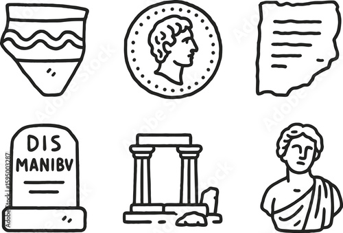 hand drawn cute doodle style isolated antiquity pottery shard antiquity bronze coin antiquity scroll fragment antiquity tomb inscription antiquity temple ruins antiquity statuary fragment