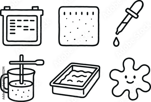 hand drawn cute doodle style isolated gel electrophoresis slab gel polymer matrix gel droplet dispenser gel viscometer cup gel casting tray gel polymerase enzyme