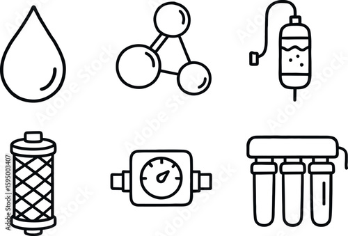 hand drawn cute doodle style isolated water droplet icon water molecule model water level sensor water filter cartridge water flow meter water purification unit