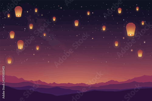 Vector art of a breathtaking pixel art illustration of numerous glowing sky lanterns floating across a starry night sky above silhouetted mountains