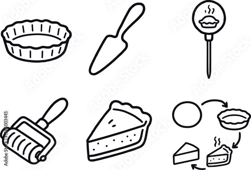 hand drawn cute doodle style isolated pie pan mold pie server utensil pie temperature probe pie dough roller pie corner glass pie sequence chart