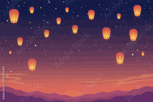 Vector art of countless glowing paper lanterns float across a starry night sky with a vibrant orange and purple gradient horizon