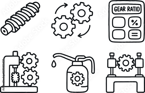 hand drawn cute doodle style isolated gear tooth cutter gear meshing diagram gear ratio calculator gear hobbing tool gear lubricant applicator gear alignment jig
