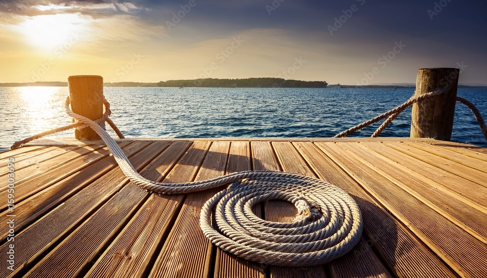 Obraz premium nautical rope on wooden dock