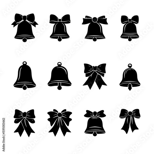 Icon set of jingle bell silhouettes: single bell, ribbon-tied pair, cluster of three, sleigh bell strap