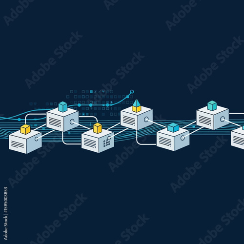 Abstract network connections with interconnected boxes and graphic data points, perfect for digital design, blockchain concepts, and modern infographics.