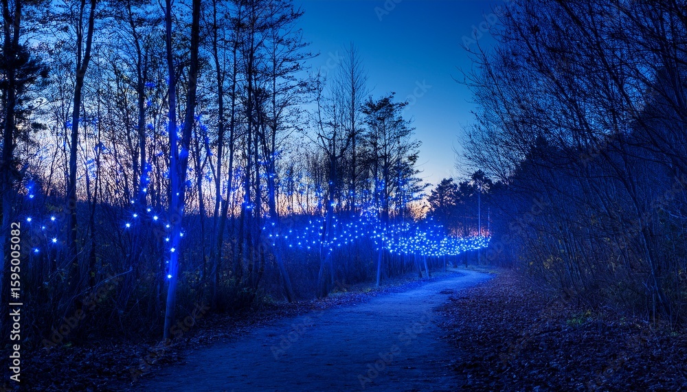 Obraz premium enchanting blue lights illuminate a forest path at twilight creating a magical atmosphere for evening strolls