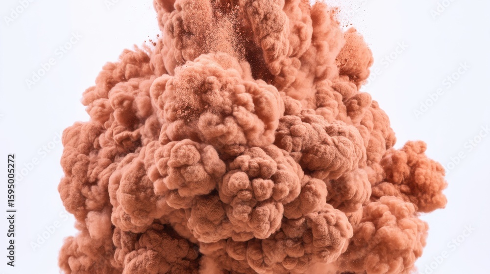 Fototapeta premium Dynamic explosion of pink-hued powder cloud against stark white background, showcasing dense clumps and fine particles dispersing with organic, chaotic motion.