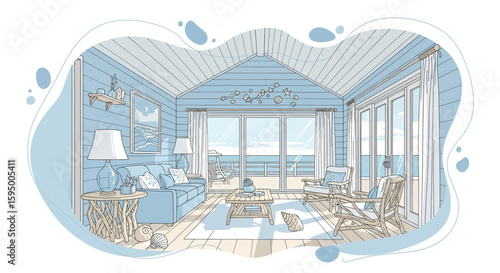 Coastal living room with sea-themed decor and large windows