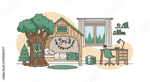 Cozy bedroom with large tree and study area in a woodland setting