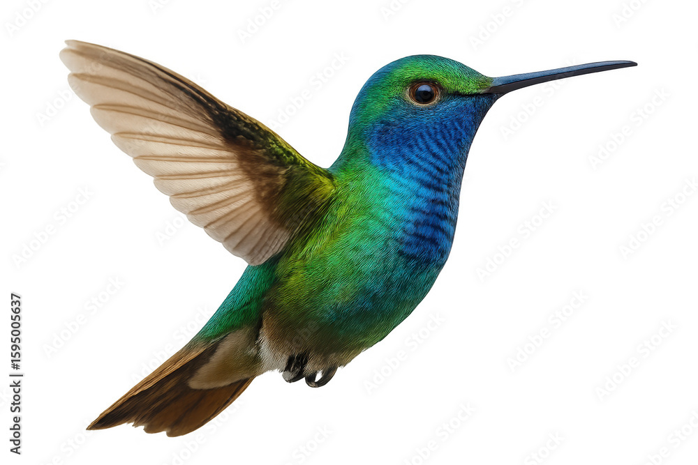 Fototapeta premium Green-crowned woodnymph hummingbird displaying iridescent green-blue plumage, wings spread, hovering midair against transparent backdrop
