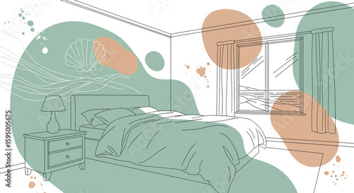 Interior bedroom scene with bed and window in minimalist style