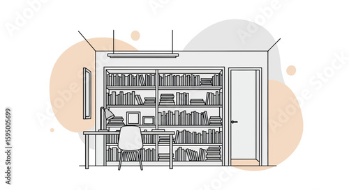 Interior of a modern home library with bookshelves and workspace