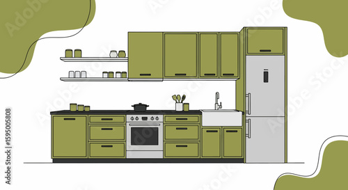 Kitchen with green cabinets and appliance details in a clean style
