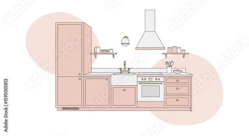 Kitchen with pastel pink cabinets and modern appliances