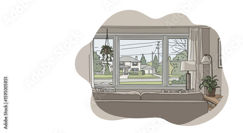 Living room interior with large window and plants