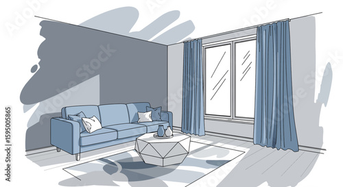Living room interior with sofa and curtains for home decor