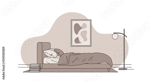 Living room with bed, pillows, art, and floor lamp