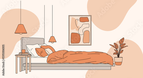 Minimalist bedroom with bed and decor in earth tones