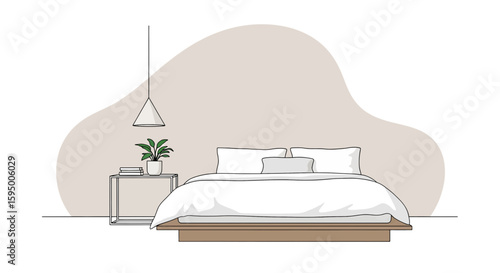 Minimalist bedroom scene with bed, side table, plant and pendant lamp