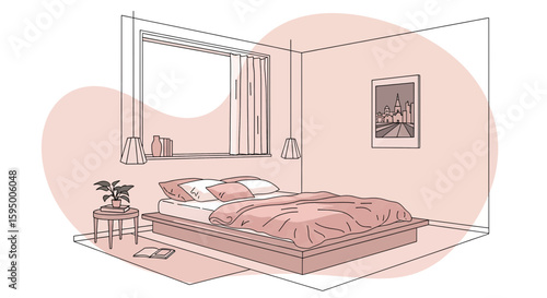 Minimalist bedroom with bed, nightstand, and wall art
