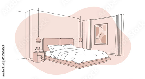 Minimalist bedroom with bed, nightstand, and curtains