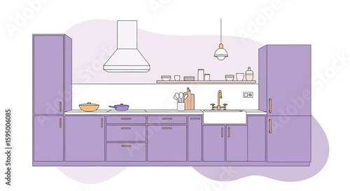 Minimalist kitchen with purple cabinetry and hanging pendant light