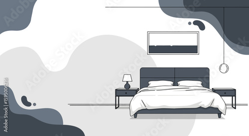 Modern bedroom with bed and side tables in minimal style