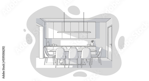 Modern dining room with chairs, table, and pendant lighting