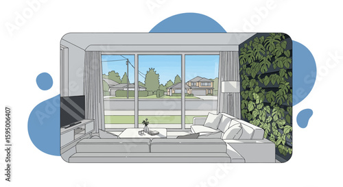 Modern living room interior with large windows and indoor plants