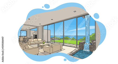 Modern living room with large windows and outdoor view