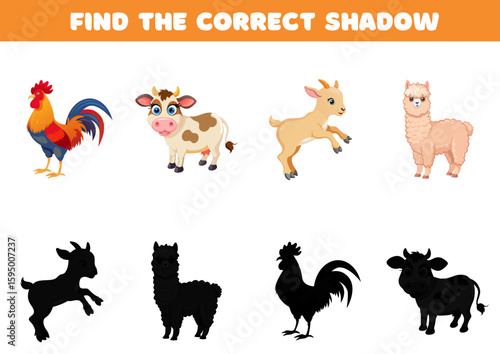 Find correct shadow. Vector illustration of farm animals – rooster, cow, goat, alpaca. Educational puzzle for children. Logic and recognition skills. Preschool learning game.