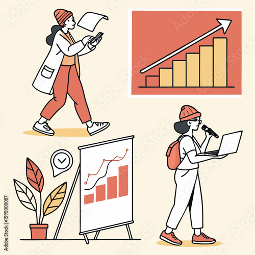 Cartoon vector illustration of business people in a row, a man and woman having fun in the office