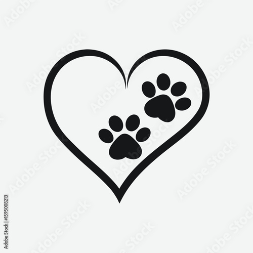 Black heart outline with two black paw prints inside on a white background animal love