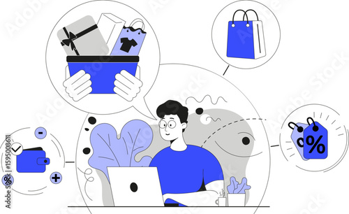 Man shopping online at his laptop surrounded by shopping-related elements in a digital illustration