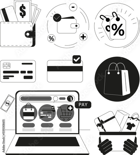 Wallet icons representing online shopping, digital payments, and purchasing activities for users